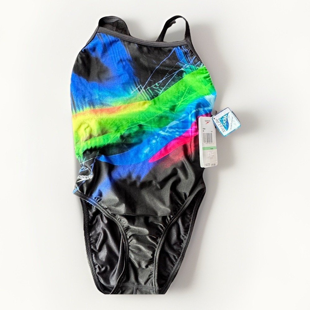SPEEDO Bathing Suite Women's 8/34 Black Printed Powerback Training One Piece NEW